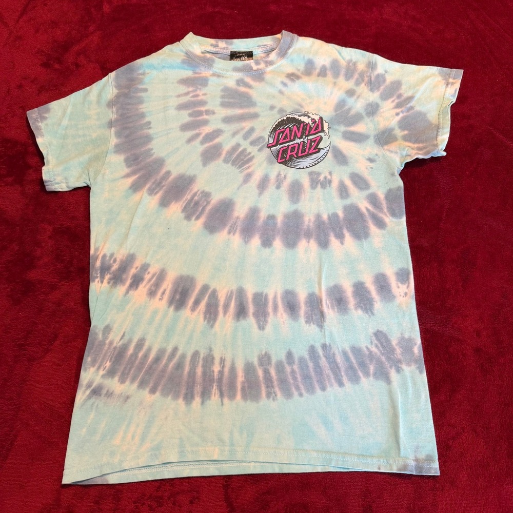 Santa Cruz Kids Blue Tie Dye Wave Logo Graphic T-Shirt Size Small S Skateboard